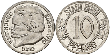 Германия, Бонн 10 пфеннигов 1920 Бетховен, Северный Рейн-Вестфалия, нотгельд Funck 51.1A железо 08-946