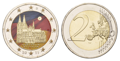 Германия 2 евро 2011 F, серия федеральные земли, Северный Рейн-Вестфалия, Кельнский собор, цветное покрытие KM 293 биметалл UNC 1084-7-75
