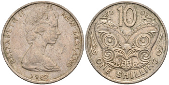 Новая Зеландия 10 центов 1967 Елизавета II (1952-2022), маска маори KM 35 медно-никель 4126-1224