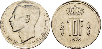Люксембург 10 франков 1976 Великий герцог Жан (1964-2000), брак чекана KM 57 никель  UNC  413-5742