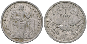 Французская Новая Каледония 1 франк 1981 птица кагу, (IEOM) KM 10, Schoen 10, Lec 44 алюминий    51-1242