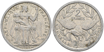 Французская Новая Каледония 2 франка 1989 птица кагу, (IEOM) KM 14, Schoen 11, Lec 65 алюминий    27-1122