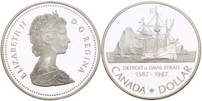 Канада 1 доллар 1987 400 лет открытию пролива Дейвиса KM 154 серебро PROOF 1072-1-44