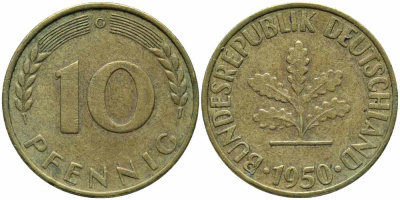 ФРГ 10 ПФЕННИГОВ 1950 G KM 108, J. 383 сталь плакированная латунью 113-133