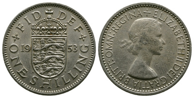 Великобритания 1 шиллинг 1953 Елизавета II (1952-2022), Английский герб KM 890, Spink 4139 медно-никель 4384-243