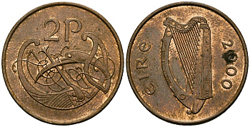 Ирландия 2 пенса 2000 виньетка в виде стилизованной птицы из Второй Библии Карла Лысого KM 21a сталь плакированная медью 4138-813