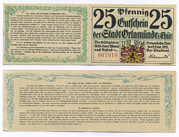 Германия, Орламюнде 25 пфеннигов 1921 рекламный нотгельд, с разворотом и описанием истории города   бумага  aUNC 444-44-2-1