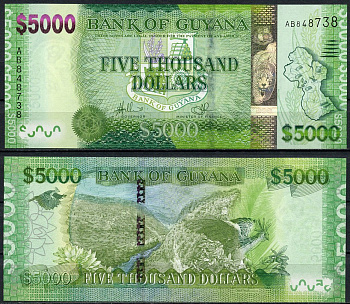 Гайана 5000 долларов ND (2011-2018) карта Гайаны, природный ландшафт, попугай Pick 40 a (1) бумага UNC (пресс) 00-00