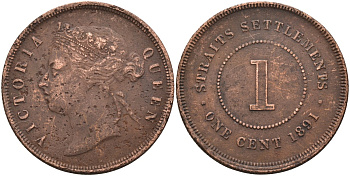 Стрейтс-Сетлментс 1 цент 1891 Виктория (1837-1901), Ост-Индская компания KM 16 бронза 4590-445