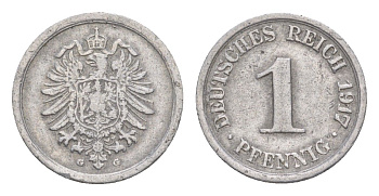 Германия 1 пфенниг 1917 G, Вильгельм II (1888-1918) KM 24, J. 300, Weege 2 алюминий 4639-1154