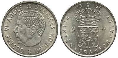 Швеция 2 кроны 1956 TS, Густав VI Адольф (1950-1973) KM 827 серебро 221-545