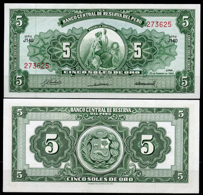 Перу 5 солей 1968 сидящая свобода, Thomas de la Rue Pick 83 a  бумага  UNC (пресс) 447-74-4-3