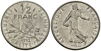 Франция 1/2 франка 1992 сеятель KM 931 никель 4135-735