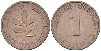 ФРГ 1 ПФЕННИГ 1975 J KM 105, J. 380 сталь плакированная медью 4181-615