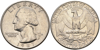 США 25 центов = квотер 1987 D, Вашингтон KM A164a медь плакированная медно-никелем 4584-1242