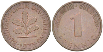 ФРГ 1 ПФЕННИГ 1975 J KM 105, J. 380 сталь плакированная медью 4181-615
