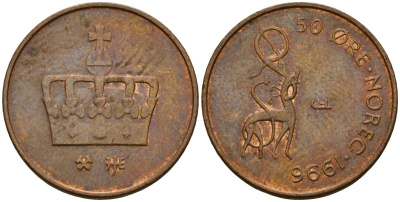 Норвегия 50 эре 1996 Харальд V (1991- ) KM 460 бронза 4154-821