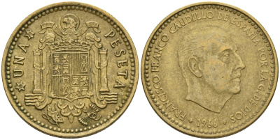 Испания 1 песета 1966 (73) Франсиско Франко (1939-1975) KM 796 алюминиевая бронза 4604-136