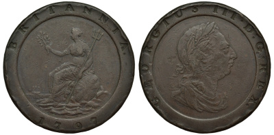 Великобритания 2 пенса 1797 Георг III (1760-1820), большой формат, вес 56,85 гр KM 619, Spink 3776 медь 1524-612