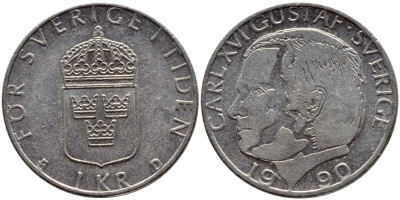 Швеция 1 крона 1990 Карл XVI Густав (1973- ) KM 852a медно-никель 4398-1252