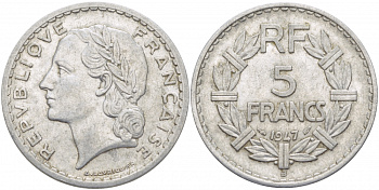 Франция 5 франков 1947 B, открытая 9, тип Лаврийе KM 888b.2, Le Franc 339.11 алюминий 4403-223