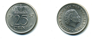 НИДЕРЛАНДЫ 25 ЦЕНТОВ 1957 ЮЛИАНА KM 183 никель 76-365
