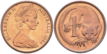 АВСТРАЛИЯ 1 ЦЕНТ 1984 ЕЛИЗАВЕТА II (1952-) МОЛОДОЙ ПОРТРЕТ, ОПОССУМ KM 62 бронза 4516-643