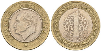 Турция 1 лира 2015 KM 1244 биметалл 87-632