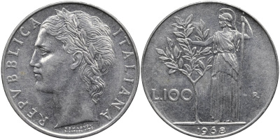 Италия 100 лир 1968 R, Афина в доспехах KM 96.1 нержавеющая сталь 4165-214