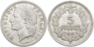 Франция 5 франков 1947 B, открытая 9, тип Лаврийе KM 888b.2, Le Franc 339.11 алюминий 4403-223