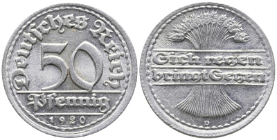 ГЕРМАНИЯ 50 ПФЕННИГОВ 1920 D KM 27, J. 301 алюминий 24-934