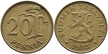 ФИНЛЯНДИЯ 20 ПЕННИ 1973 S KM 47 алюминиевая бронза 51-1023