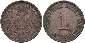 ГЕРМАНИЯ 1 ПФЕННИГ 1899 А KM 10 , J. 10 медь 100-312