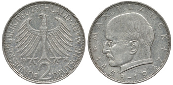 ФРГ 2 марки 1958 F, Макс Планк KM 116, J. 392 медно-никель плакированный никелем 72-235