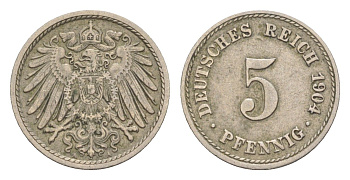 Германия 5 пфеннигов 1904 A, Вильгельм II (1888-1918) KM 11, J. 12 медно-никель 4647-861