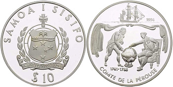 Самоа 10 тала 1994 Жан-Франсуа де Лаперуз (1741-1788), парусник KM 102 серебро PROOF 00-00-00