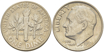 США 10 центов (дайм) 1967 Рузвельт KM 195a медь плакированная медно-никелем 214-714