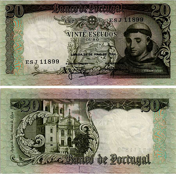 Португалия 20 эскудо 1964 Антоний Падуанский Pick 167 b бумага 6281-26-1-2
