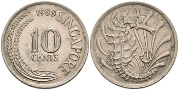 Сингапур 10 центов 1980 морской конек KM 3 медно-никель 192-414