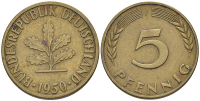 ФРГ 5 ПФЕННИГОВ 1950 J KM 107, J. 382 сталь плакированная латунью 66-766