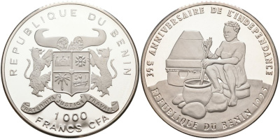 Бенин 1000 франков 1995 35 лет независимости, женщина перемешивает в горшке KM 13 серебро PROOF 00-00