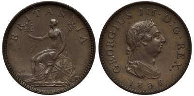 Великобритания 1 фартинг 1806 Георг III (1760-1820) KM 661, Spink 3782 медь 1523-1014