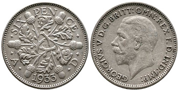 Великобритания 6 пенсов 1933 Георг V (1910-1936) KM 832, Spink 4041 серебро 201-157