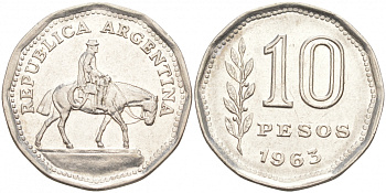 Аргентина 10 песо 1963 Гаучо KM 60 никелированная сталь 68-611