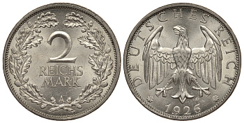 ГЕРМАНИЯ 2 РЕЙХСМАРКИ 1926 A J. 320, KM 45 серебро UNC 02-265-51