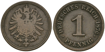 Германия 1 пфенниг 1876 C, Вильгельм I (1871-1888) KM 1, J. 1 медь 4136-1266