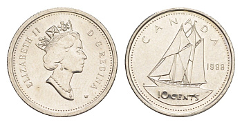 Канада 10 центов 1998 W, Елизавета II (1952-2022), парусник KM 183 никель UNC 4639-662