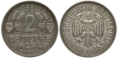 ФРГ 2 марки 1951 F J 386, KM 111 медно-никель плакированный никелем 413-2421