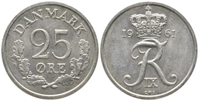 ДАНИЯ 25 ЭРЕ 1961 C; S, ФРЕДЕРИК IX (1947-1972) KM 850 медно-никель аUNC 34-524