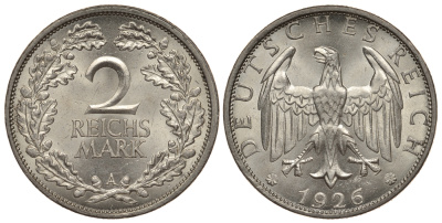 ГЕРМАНИЯ 2 РЕЙХСМАРКИ 1926 A J. 320, KM 45 серебро UNC 02-265-51